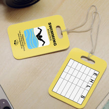 Load image into Gallery viewer, Yellow Reusable swim meet heat Tags for Christian swimmers with Bible verses Philippians 4:13