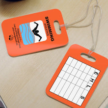 Load image into Gallery viewer, Orange Reusable swim meet heat Tags for Christian swimmers with Bible verses Philippians 4:13