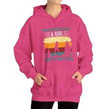Load image into Gallery viewer, Never Underestimate a Girl with a Golf Club Hooded Sweatshirt, golf Hooded Sweatshirt /Unisex Heavy Blend™ Hooded Sweatshirt