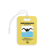 Load image into Gallery viewer, Yellow Reusable swim meet heat Tags for Christian swimmers with Bible verses Philippians 4:13