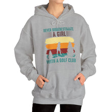 Load image into Gallery viewer, Never Underestimate a Girl with a Golf Club Hooded Sweatshirt, golf Hooded Sweatshirt /Unisex Heavy Blend™ Hooded Sweatshirt