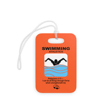 Load image into Gallery viewer, Orange Reusable swim meet heat Tags for Christian swimmers with Bible verses Philippians 4:13