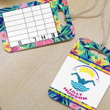 Load image into Gallery viewer, Personalized Lilly 6 Floral swim bag Tags with swim meet heat/ Custom Reusable swim meet heat Tags
