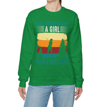 Load image into Gallery viewer, Never Underestimate a Girl with a Golf Club Sweatshirt, Golfer Sweatshirt /Unisex Heavy Blend™ Crewneck Sweatshirt